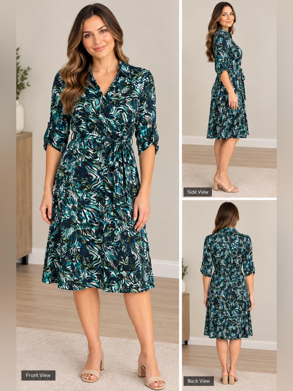 Tacera Blue & Green Abstract Print Dress with matching belt